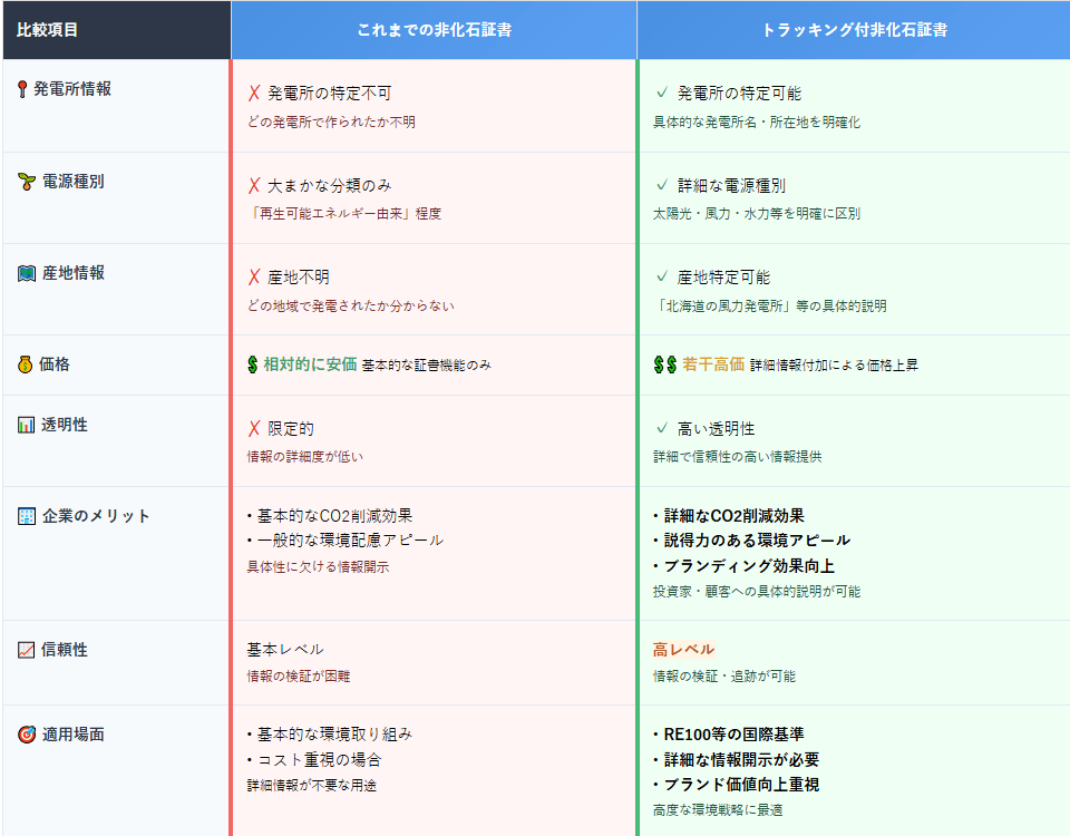 これまでの非化石証書とトラッキング付非化石証書｜比較表